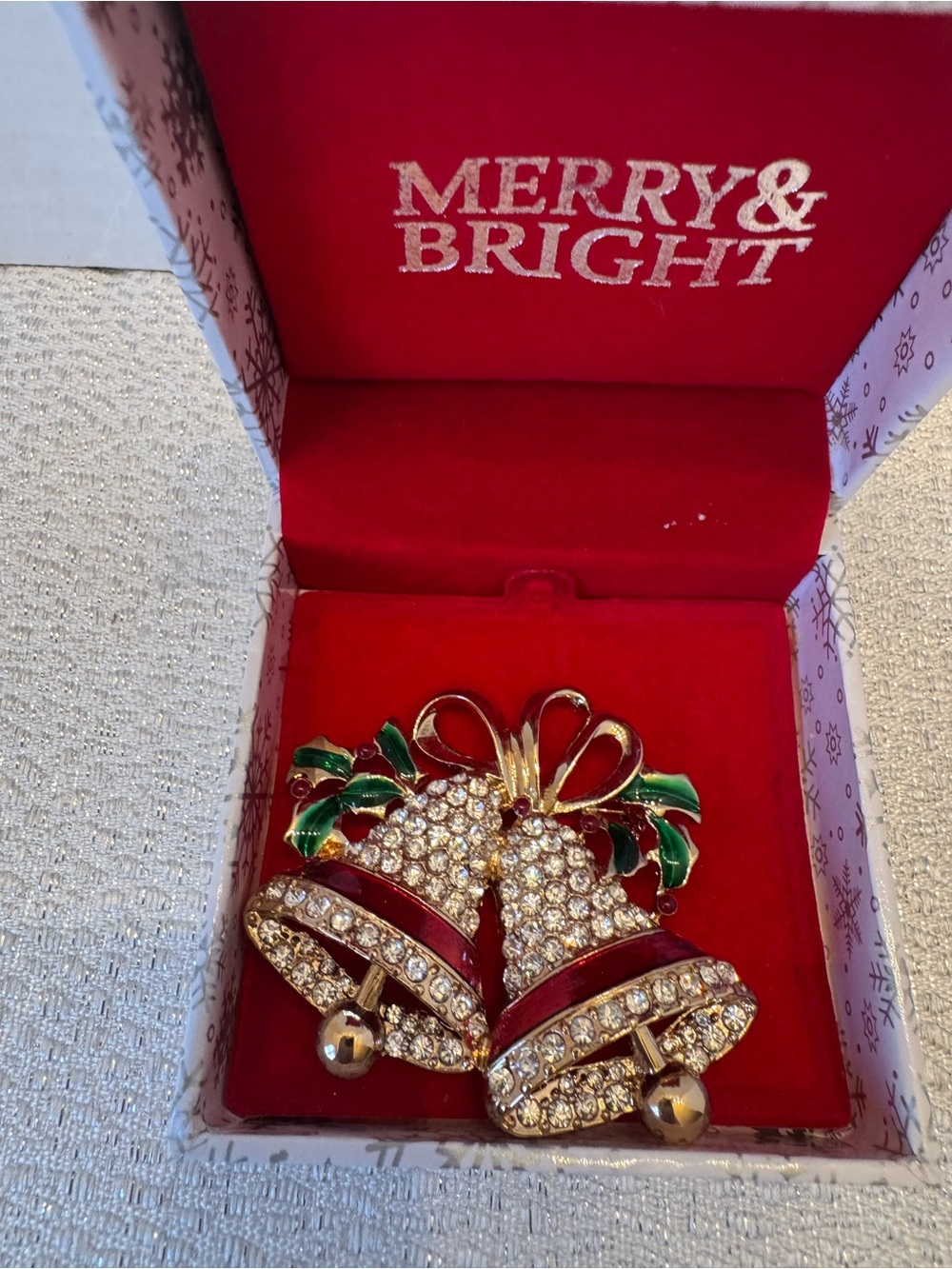 Source Unknown Red and Green Crystal Bell Brooch
